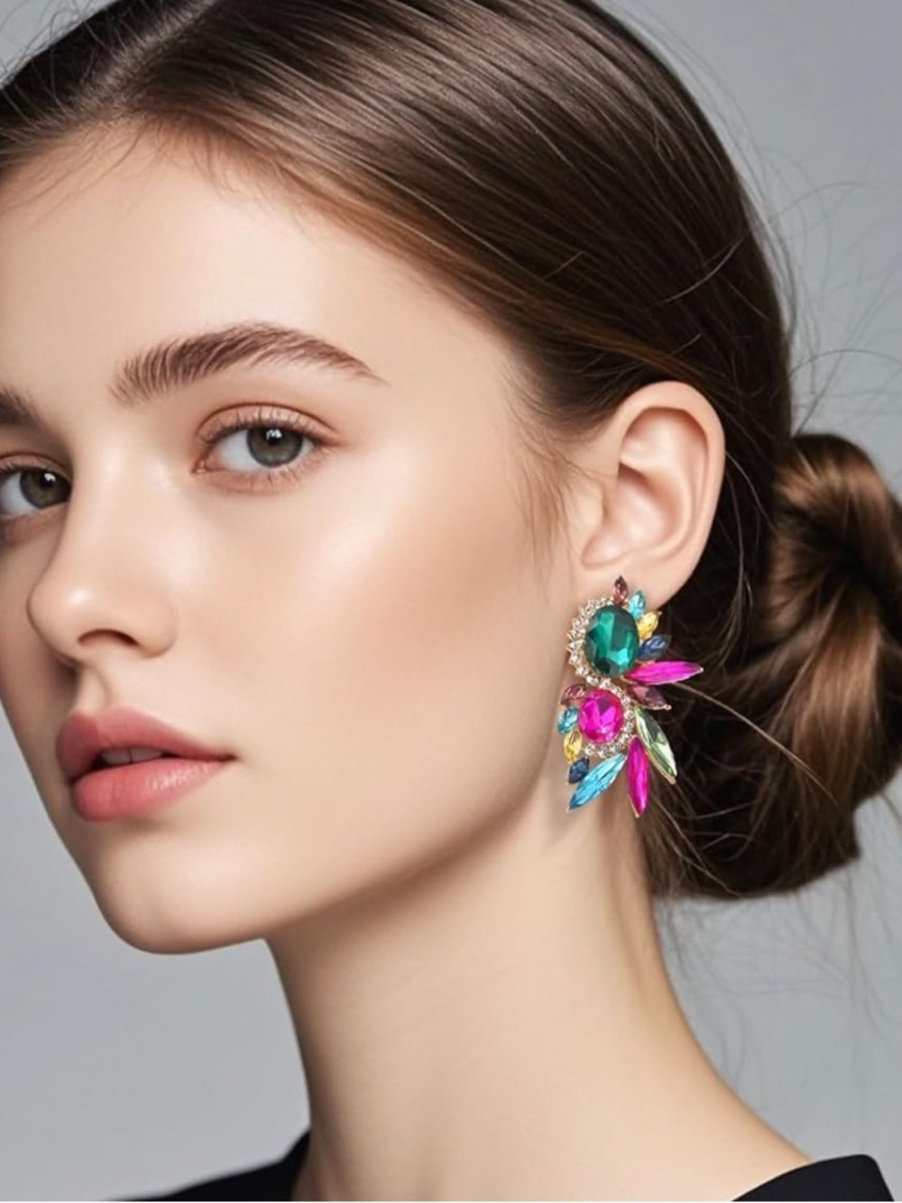 Multicolor Crystal Statement Drop Earrings - Hot Pink, Navy Blue, Yellow, Brown